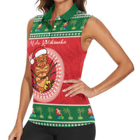 Personalized Hawaii Christmas Women Sleeveless Polo Shirt Tiki Santa Mele Kalikimaka LT14 - Polynesian Pride