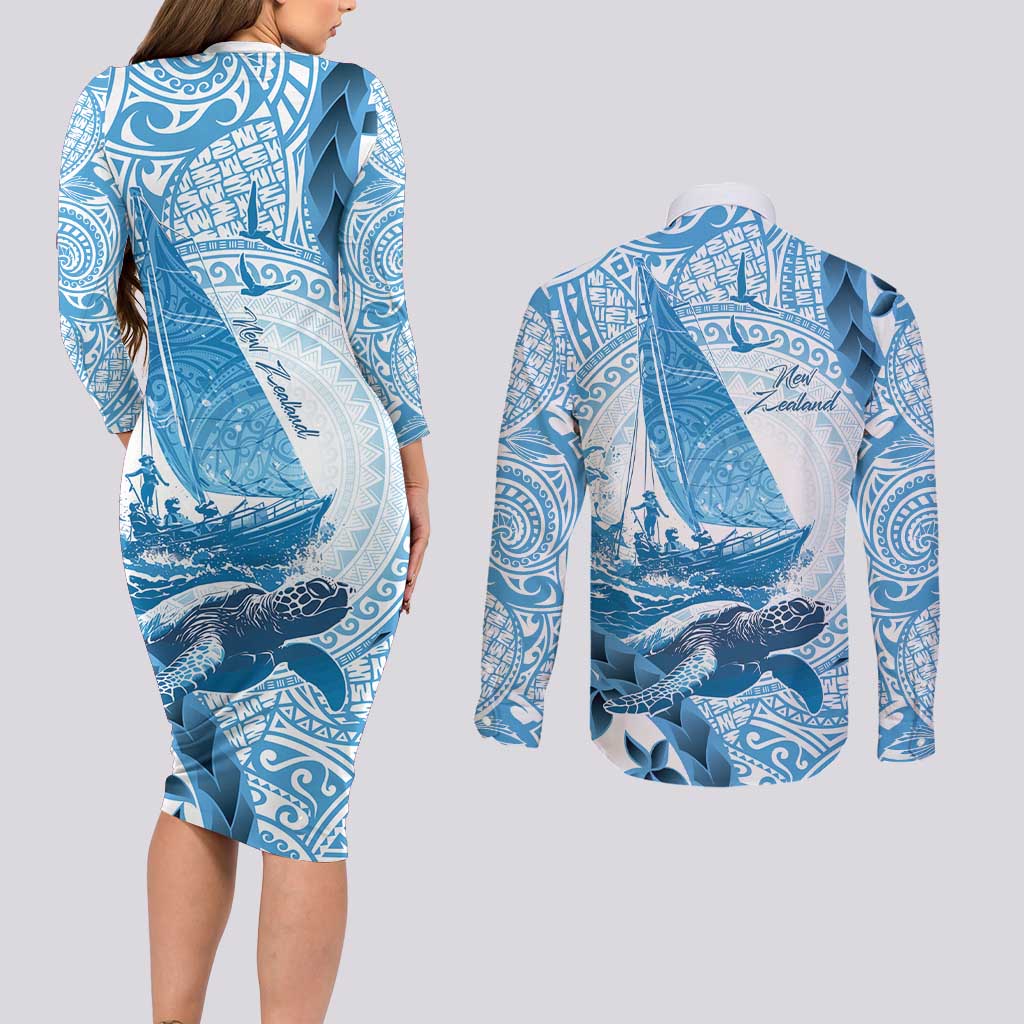 New Zealand Sailing Couples Matching Long Sleeve Bodycon Dress and Long Sleeve Button Shirt Aotearoa Yacht Racing - Born To Sail LT14 - Polynesian Pride
