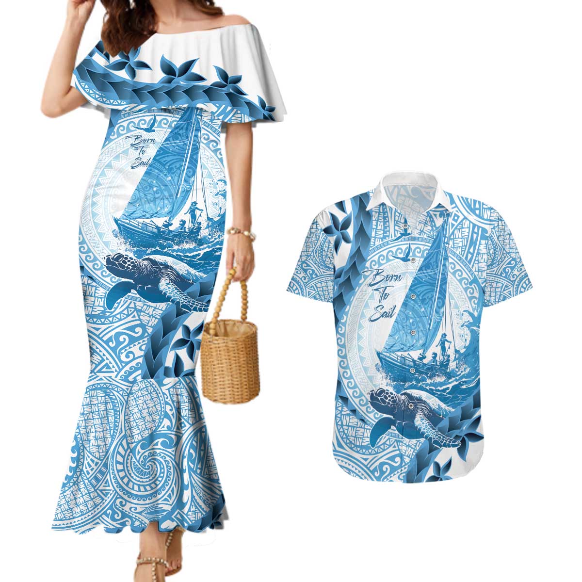 New Zealand Sailing Couples Matching Mermaid Dress and Hawaiian Shirt Aotearoa Yacht Racing - Born To Sail LT14 Blue - Polynesian Pride