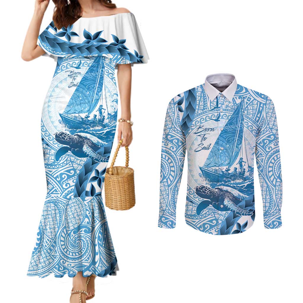 New Zealand Sailing Couples Matching Mermaid Dress and Long Sleeve Button Shirt Aotearoa Yacht Racing - Born To Sail LT14 Blue - Polynesian Pride