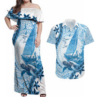 New Zealand Sailing Couples Matching Off Shoulder Maxi Dress and Hawaiian Shirt Aotearoa Yacht Racing - Born To Sail LT14 Blue - Polynesian Pride