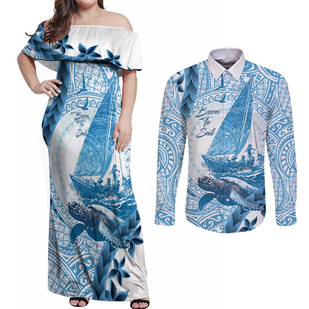 New Zealand Sailing Couples Matching Off Shoulder Maxi Dress and Long Sleeve Button Shirt Aotearoa Yacht Racing - Born To Sail LT14 Blue - Polynesian Pride