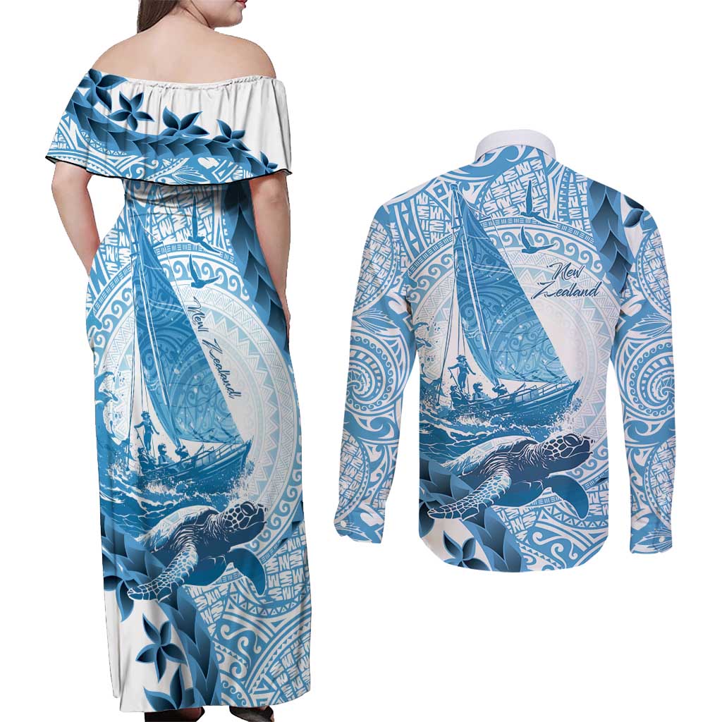 New Zealand Sailing Couples Matching Off Shoulder Maxi Dress and Long Sleeve Button Shirt Aotearoa Yacht Racing - Born To Sail LT14 - Polynesian Pride