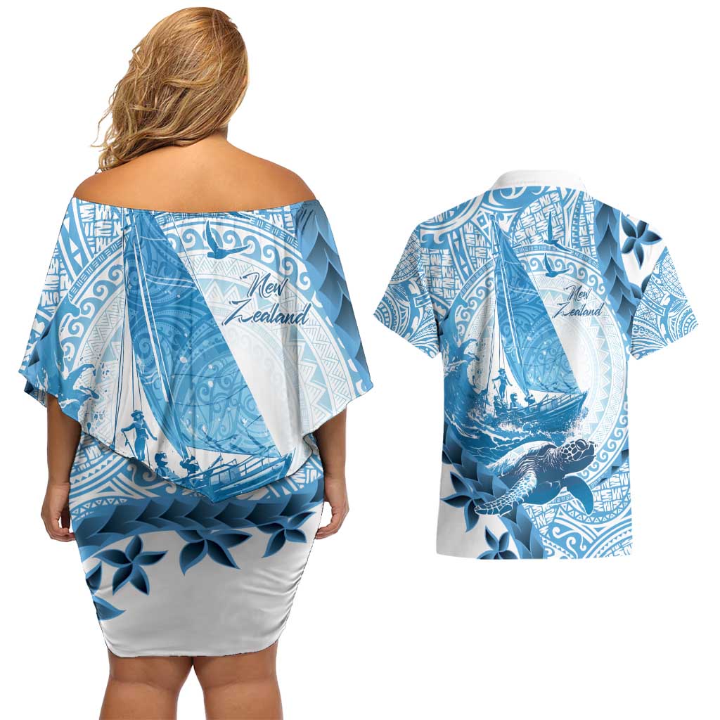New Zealand Sailing Couples Matching Off Shoulder Short Dress and Hawaiian Shirt Aotearoa Yacht Racing - Born To Sail LT14 - Polynesian Pride