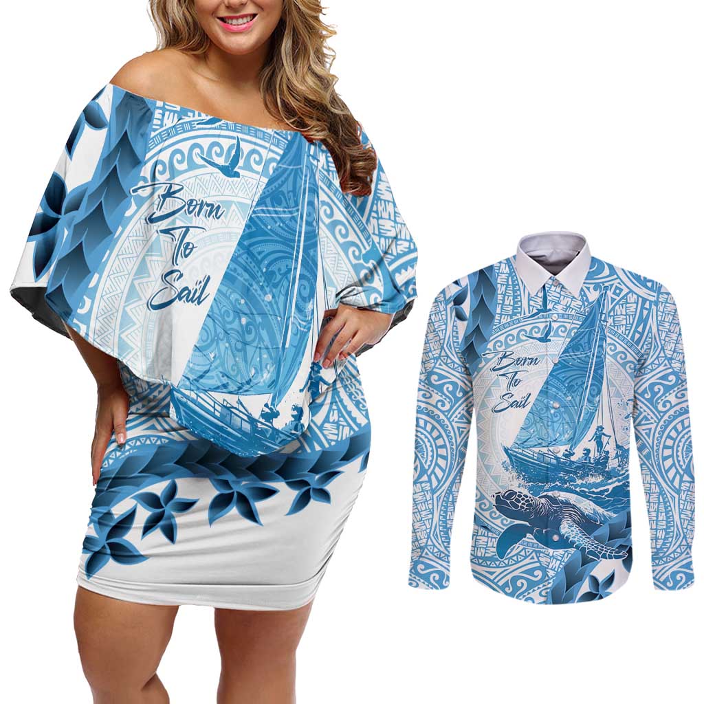 New Zealand Sailing Couples Matching Off Shoulder Short Dress and Long Sleeve Button Shirt Aotearoa Yacht Racing - Born To Sail LT14 Blue - Polynesian Pride