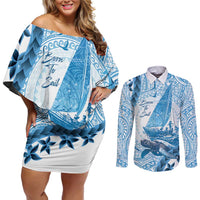 New Zealand Sailing Couples Matching Off Shoulder Short Dress and Long Sleeve Button Shirt Aotearoa Yacht Racing - Born To Sail LT14 Blue - Polynesian Pride