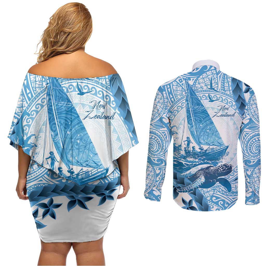 New Zealand Sailing Couples Matching Off Shoulder Short Dress and Long Sleeve Button Shirt Aotearoa Yacht Racing - Born To Sail LT14 - Polynesian Pride
