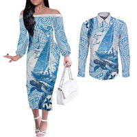 New Zealand Sailing Couples Matching Off The Shoulder Long Sleeve Dress and Long Sleeve Button Shirt Aotearoa Yacht Racing - Born To Sail LT14 Blue - Polynesian Pride
