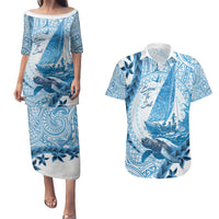 New Zealand Sailing Couples Matching Puletasi and Hawaiian Shirt Aotearoa Yacht Racing - Born To Sail LT14 Blue - Polynesian Pride