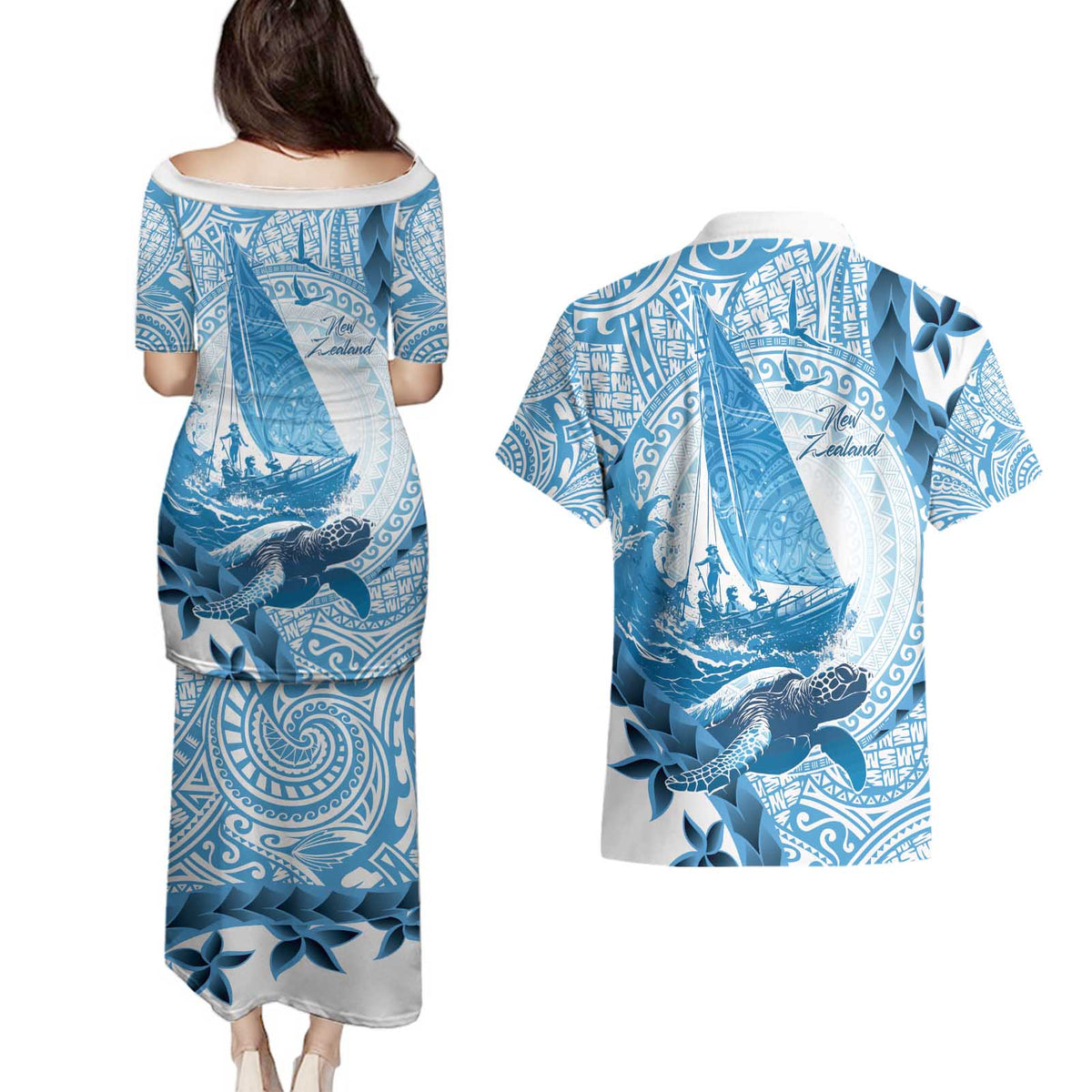New Zealand Sailing Couples Matching Puletasi and Hawaiian Shirt Aotearoa Yacht Racing - Born To Sail LT14 - Polynesian Pride