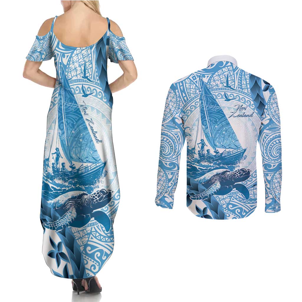 New Zealand Sailing Couples Matching Summer Maxi Dress and Long Sleeve Button Shirt Aotearoa Yacht Racing - Born To Sail LT14 - Polynesian Pride