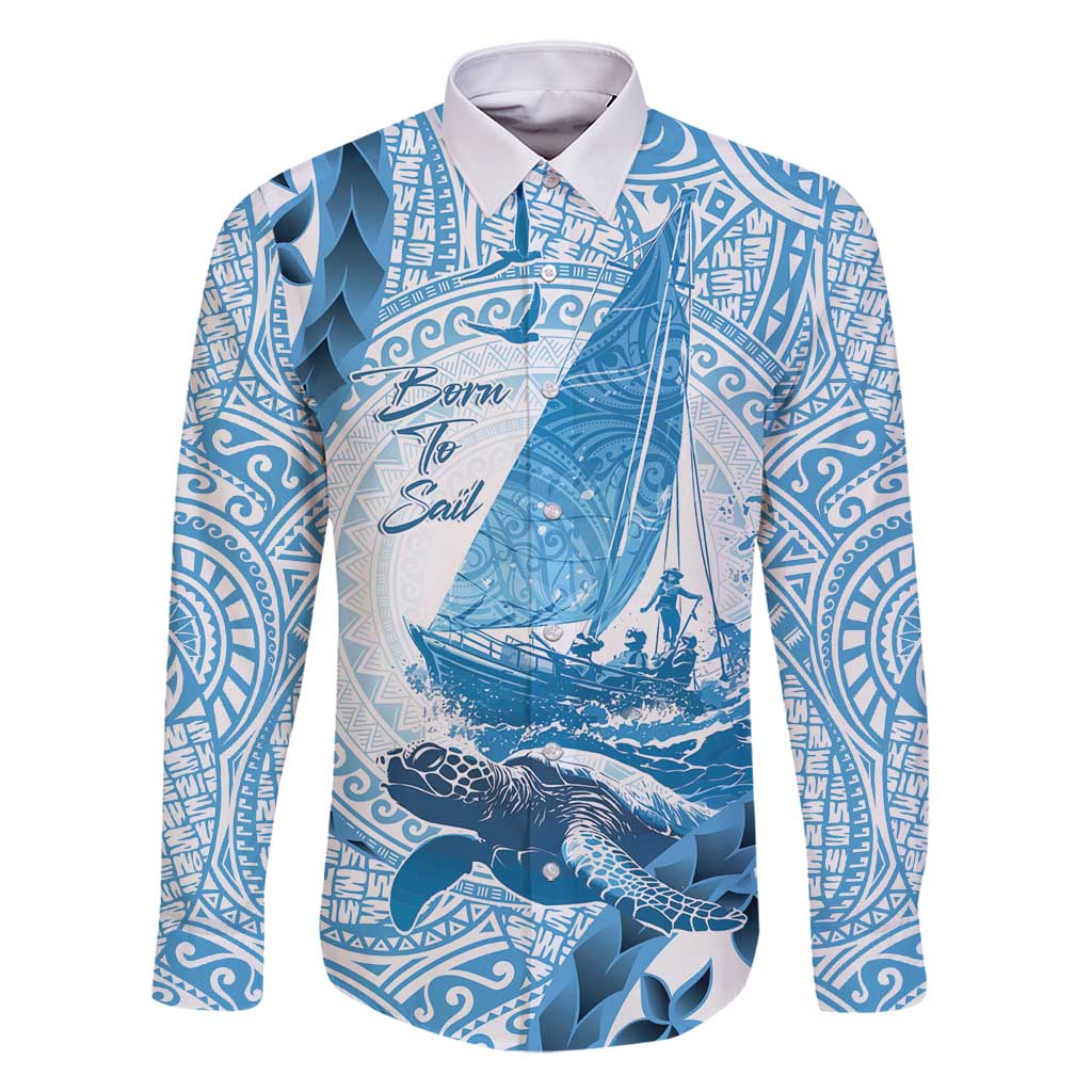 New Zealand Sailing Family Matching Long Sleeve Bodycon Dress and Hawaiian Shirt Aotearoa Yacht Racing - Born To Sail LT14 Dad's Shirt - Long Sleeve Blue - Polynesian Pride