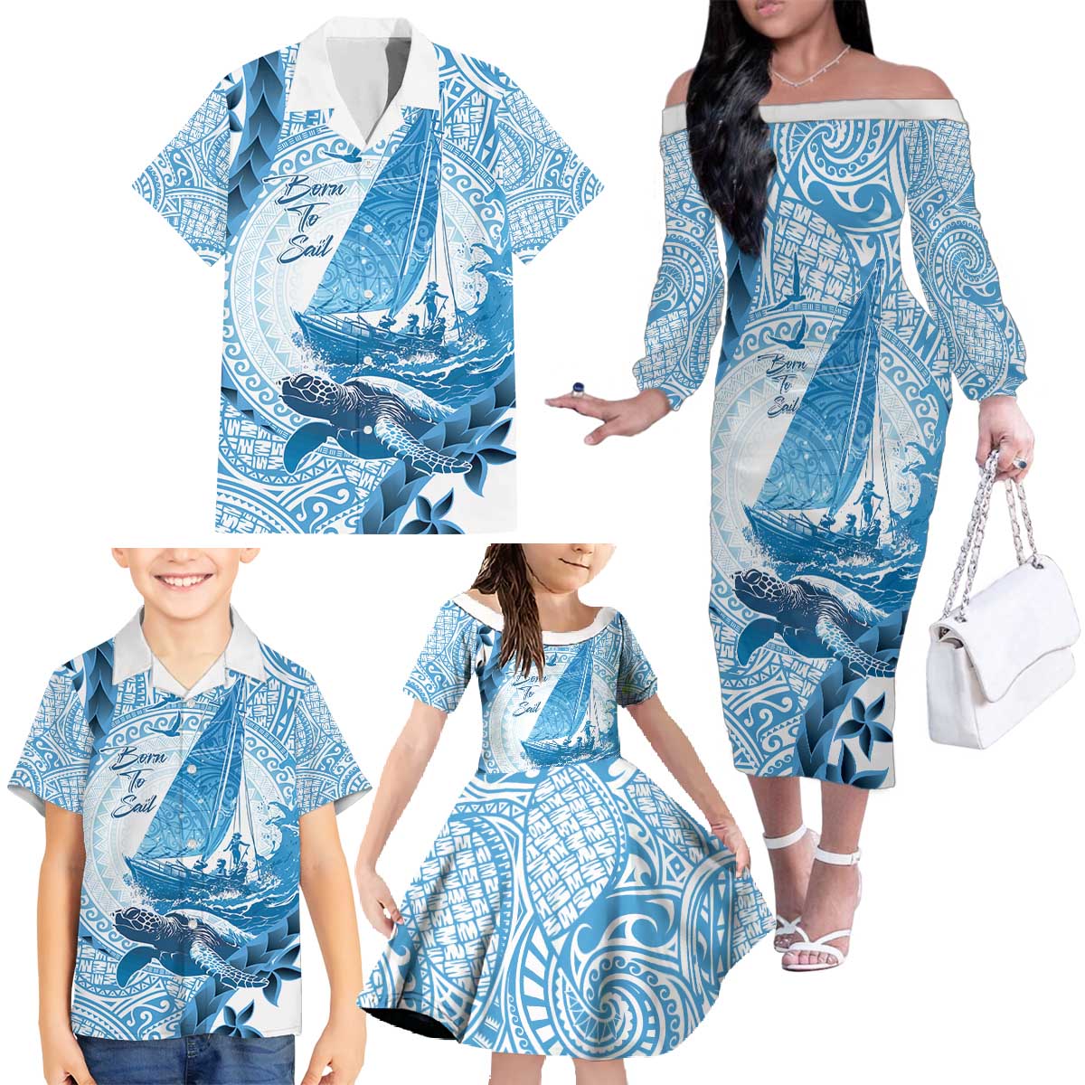 New Zealand Sailing Family Matching Off The Shoulder Long Sleeve Dress and Hawaiian Shirt Aotearoa Yacht Racing - Born To Sail LT14 - Polynesian Pride