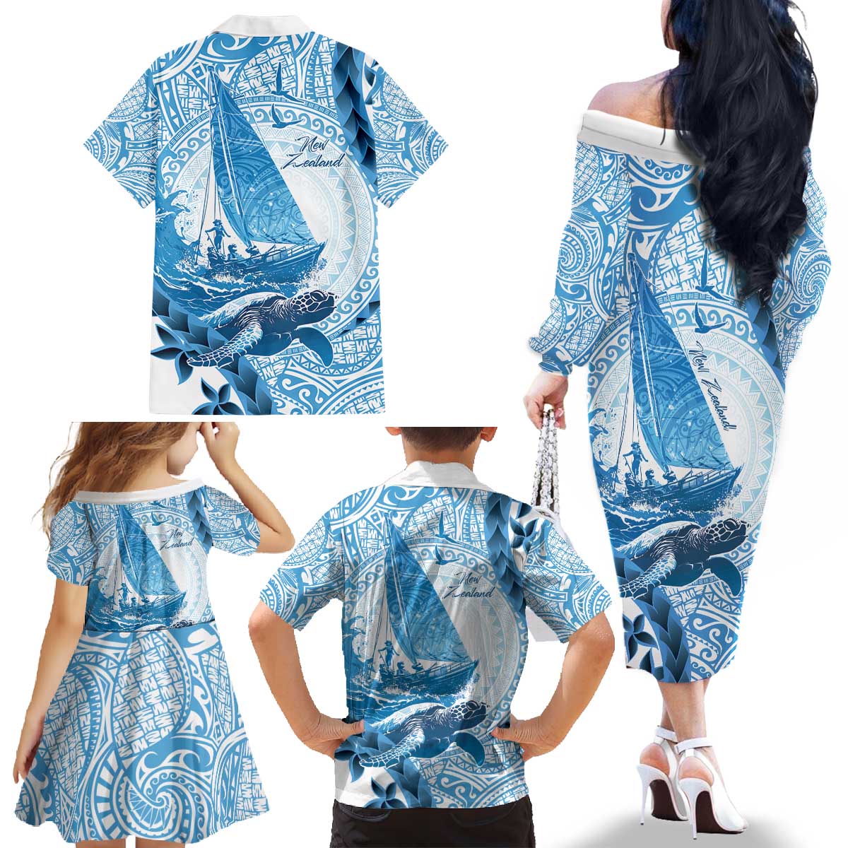 New Zealand Sailing Family Matching Off The Shoulder Long Sleeve Dress and Hawaiian Shirt Aotearoa Yacht Racing - Born To Sail LT14 - Polynesian Pride