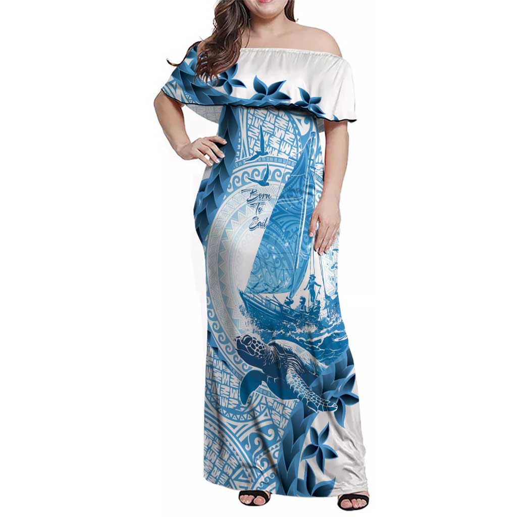 New Zealand Sailing Family Matching Off Shoulder Maxi Dress and Hawaiian Shirt Aotearoa Yacht Racing - Born To Sail LT14 Mom's Dress Blue - Polynesian Pride