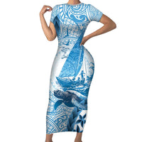 New Zealand Sailing Family Matching Short Sleeve Bodycon Dress and Hawaiian Shirt Aotearoa Yacht Racing - Born To Sail LT14 Mom's Dress Blue - Polynesian Pride
