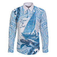 New Zealand Sailing Family Matching Summer Maxi Dress and Hawaiian Shirt Aotearoa Yacht Racing - Born To Sail LT14 Dad's Shirt - Long Sleeve Blue - Polynesian Pride
