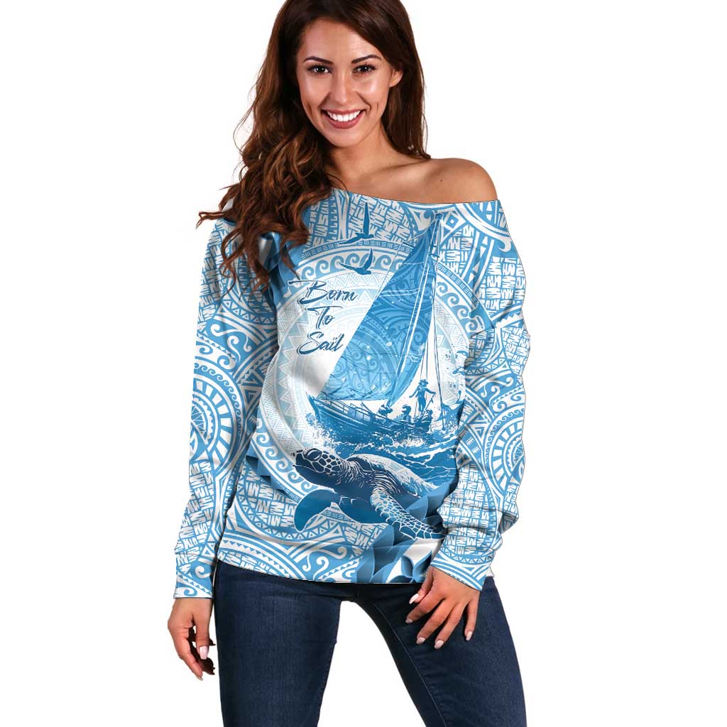 New Zealand Sailing Off Shoulder Sweater Aotearoa Yacht Racing - Born To Sail LT14 Women Blue - Polynesian Pride