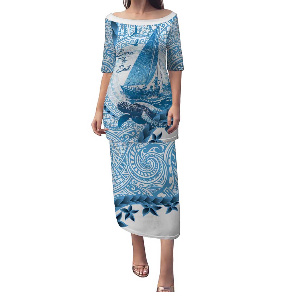 New Zealand Sailing Puletasi Aotearoa Yacht Racing - Born To Sail LT14 Long Dress Blue - Polynesian Pride