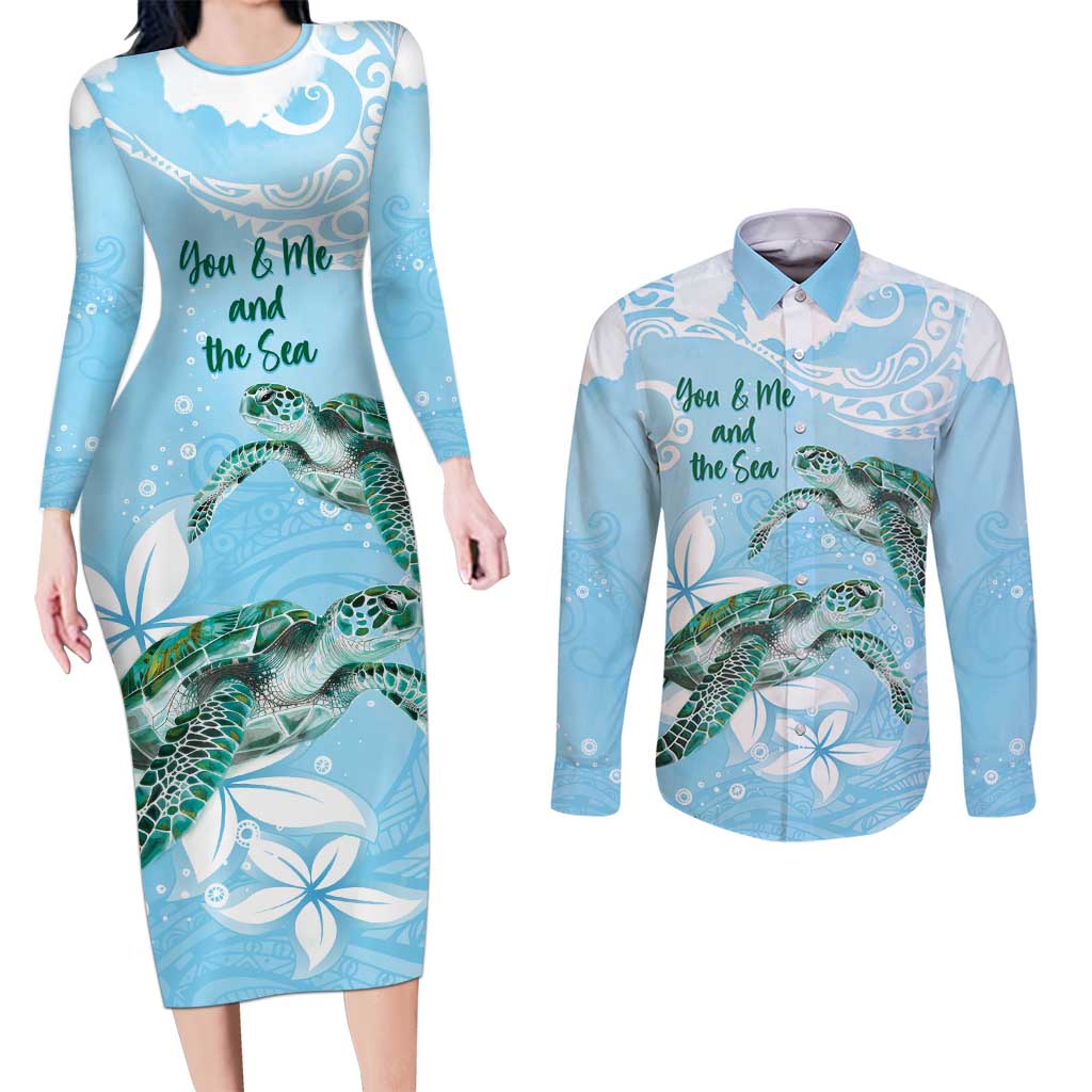 Personalised Polynesia Valentine's Day Couples Matching Long Sleeve Bodycon Dress and Long Sleeve Button Shirt SeaTurtle Couple Polynesian - Fairy Sparkles Color LT14 Blue - Polynesian Pride