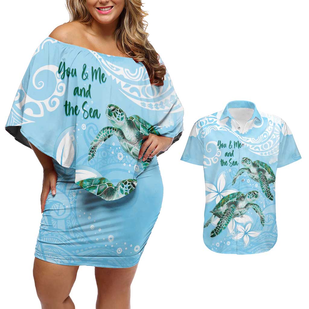 Personalised Polynesia Valentine's Day Couples Matching Off Shoulder Short Dress and Hawaiian Shirt SeaTurtle Couple Polynesian - Fairy Sparkles Color LT14 Blue - Polynesian Pride