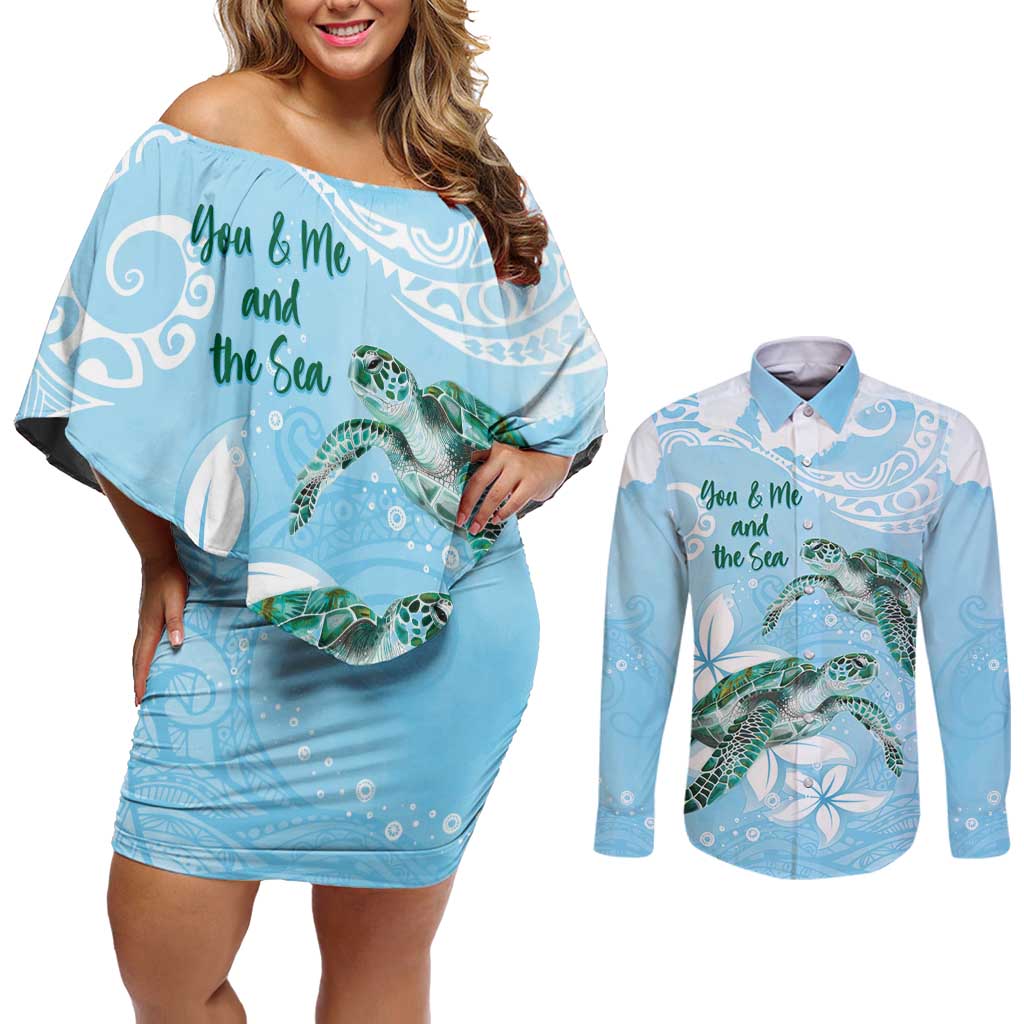 Personalised Polynesia Valentine's Day Couples Matching Off Shoulder Short Dress and Long Sleeve Button Shirt SeaTurtle Couple Polynesian - Fairy Sparkles Color LT14 Blue - Polynesian Pride