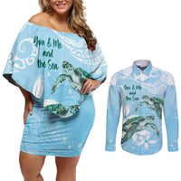 Personalised Polynesia Valentine's Day Couples Matching Off Shoulder Short Dress and Long Sleeve Button Shirt SeaTurtle Couple Polynesian - Fairy Sparkles Color LT14 Blue - Polynesian Pride