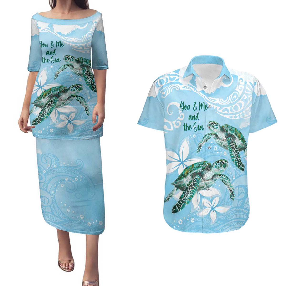 Personalised Polynesia Valentine's Day Couples Matching Puletasi and Hawaiian Shirt SeaTurtle Couple Polynesian - Fairy Sparkles Color LT14 Blue - Polynesian Pride
