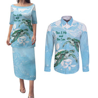 Personalised Polynesia Valentine's Day Couples Matching Puletasi and Long Sleeve Button Shirt SeaTurtle Couple Polynesian - Fairy Sparkles Color LT14 Blue - Polynesian Pride