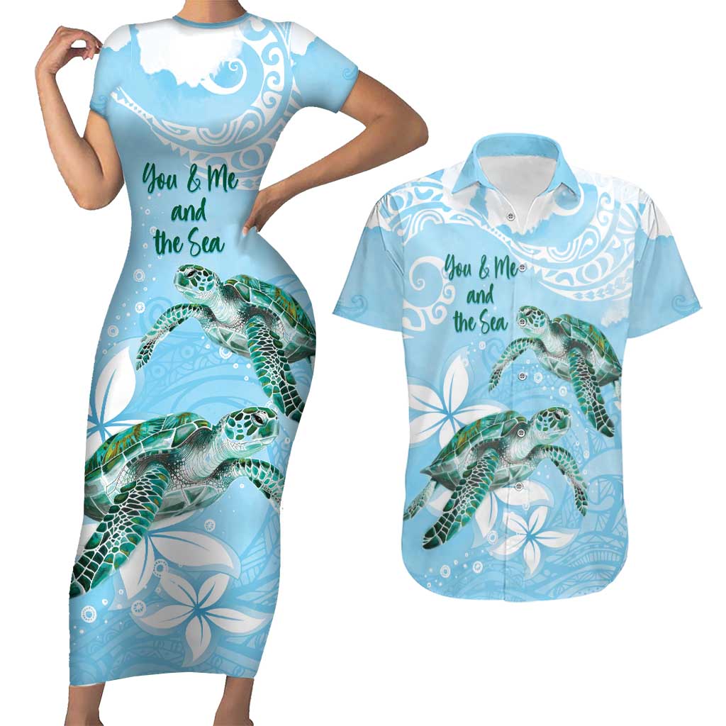 Personalised Polynesia Valentine's Day Couples Matching Short Sleeve Bodycon Dress and Hawaiian Shirt SeaTurtle Couple Polynesian - Fairy Sparkles Color LT14 Blue - Polynesian Pride