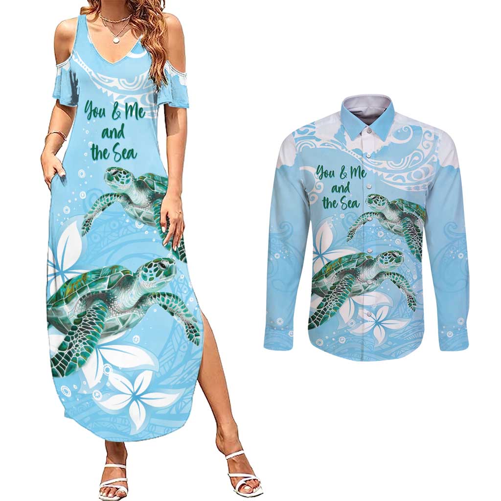 Personalised Polynesia Valentine's Day Couples Matching Summer Maxi Dress and Long Sleeve Button Shirt SeaTurtle Couple Polynesian - Fairy Sparkles Color LT14 Blue - Polynesian Pride