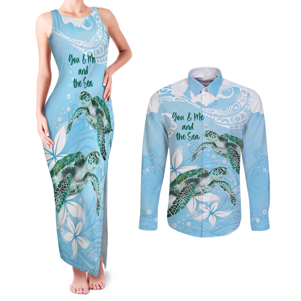 Personalised Polynesia Valentine's Day Couples Matching Tank Maxi Dress and Long Sleeve Button Shirt SeaTurtle Couple Polynesian - Fairy Sparkles Color LT14 Blue - Polynesian Pride