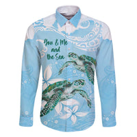 Personalised Polynesia Valentine's Day Family Matching Off The Shoulder Long Sleeve Dress and Hawaiian Shirt SeaTurtle Couple Polynesian - Fairy Sparkles Color LT14 Dad's Shirt - Long Sleeve Blue - Polynesian Pride