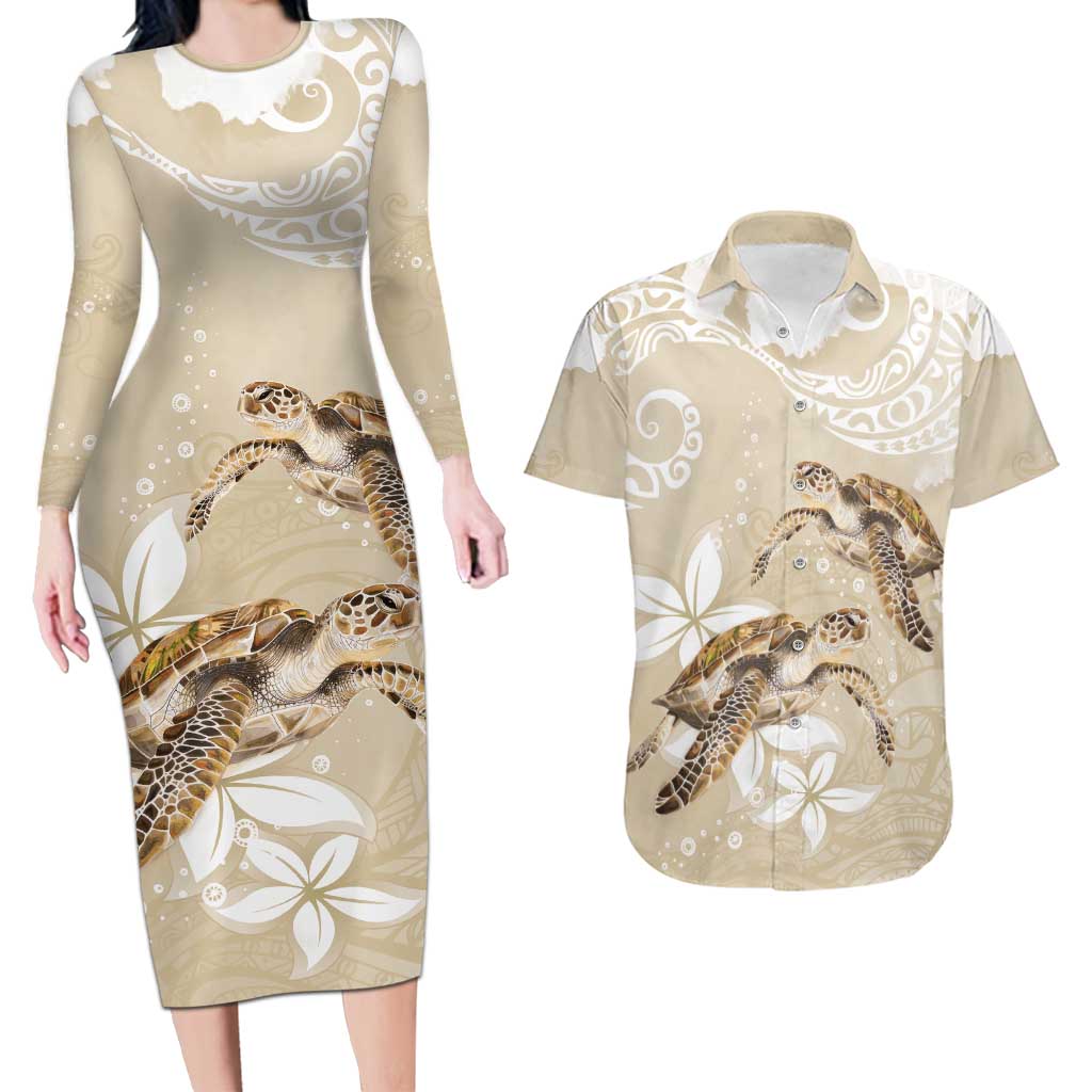 Happy Valentine's Day Polynesia Couples Matching Long Sleeve Bodycon Dress and Hawaiian Shirt SeaTurtle Couple Polynesian - Pollinate Color LT14 Beige - Polynesian Pride