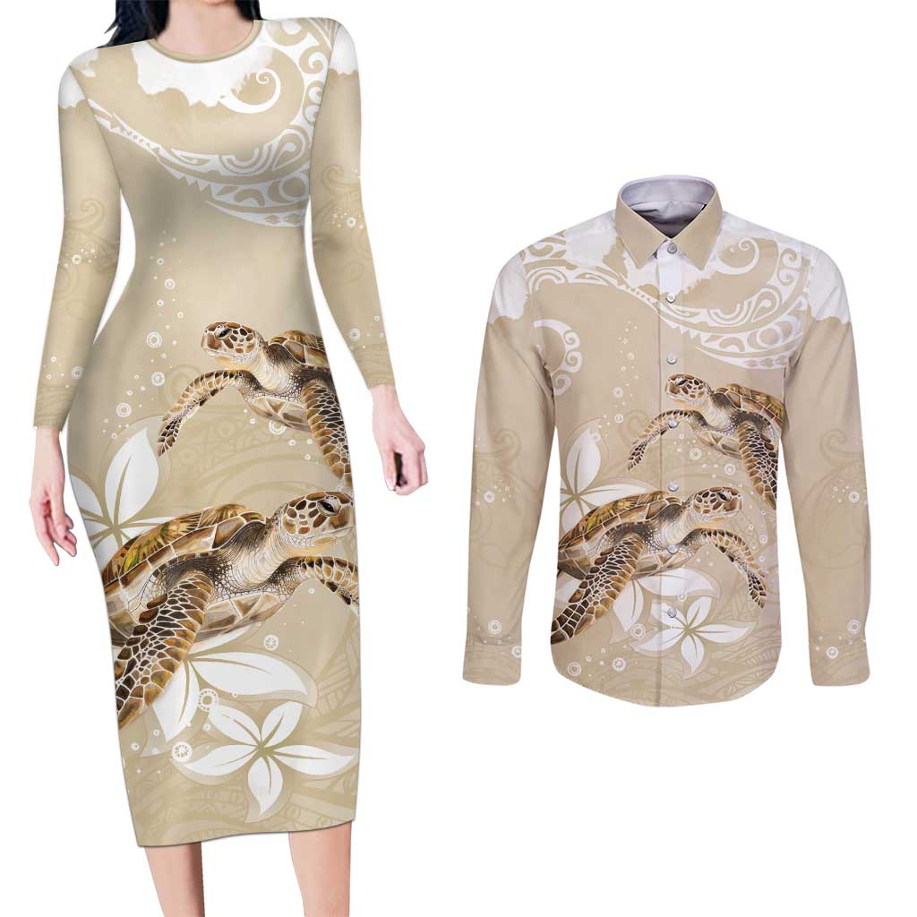Happy Valentine's Day Polynesia Couples Matching Long Sleeve Bodycon Dress and Long Sleeve Button Shirt SeaTurtle Couple Polynesian - Pollinate Color LT14 Beige - Polynesian Pride