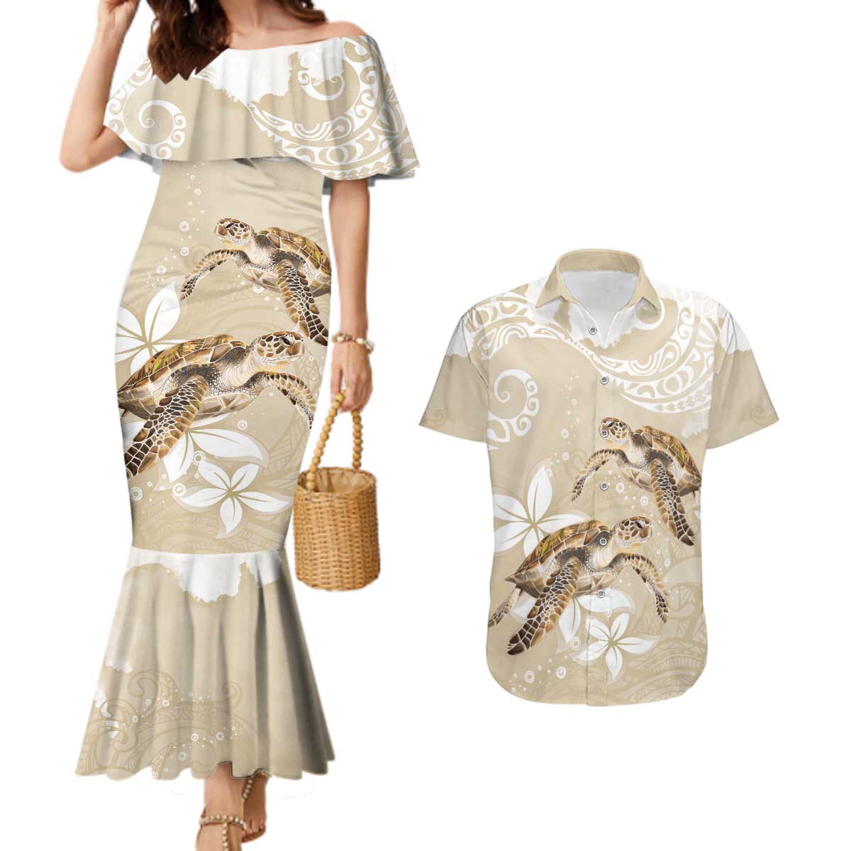Happy Valentine's Day Polynesia Couples Matching Mermaid Dress and Hawaiian Shirt SeaTurtle Couple Polynesian - Pollinate Color LT14 Beige - Polynesian Pride