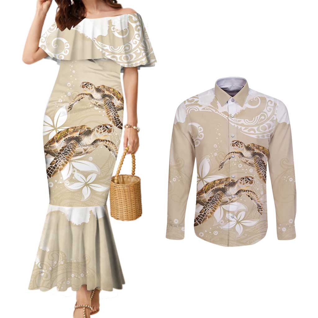 Happy Valentine's Day Polynesia Couples Matching Mermaid Dress and Long Sleeve Button Shirt SeaTurtle Couple Polynesian - Pollinate Color LT14 Beige - Polynesian Pride