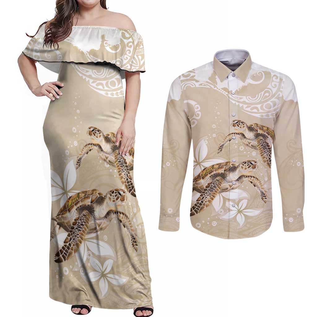 Happy Valentine's Day Polynesia Couples Matching Off Shoulder Maxi Dress and Long Sleeve Button Shirt SeaTurtle Couple Polynesian - Pollinate Color LT14 Beige - Polynesian Pride