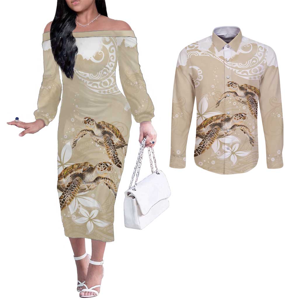 Happy Valentine's Day Polynesia Couples Matching Off The Shoulder Long Sleeve Dress and Long Sleeve Button Shirt SeaTurtle Couple Polynesian - Pollinate Color LT14 Beige - Polynesian Pride