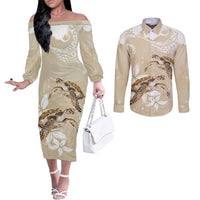 Happy Valentine's Day Polynesia Couples Matching Off The Shoulder Long Sleeve Dress and Long Sleeve Button Shirt SeaTurtle Couple Polynesian - Pollinate Color LT14 Beige - Polynesian Pride