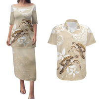 Happy Valentine's Day Polynesia Couples Matching Puletasi and Hawaiian Shirt SeaTurtle Couple Polynesian - Pollinate Color LT14 Beige - Polynesian Pride