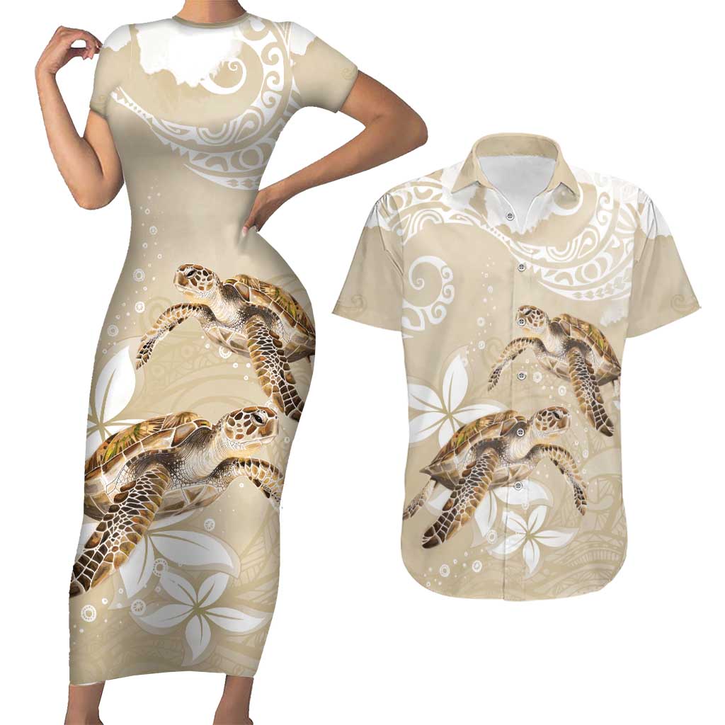 Happy Valentine's Day Polynesia Couples Matching Short Sleeve Bodycon Dress and Hawaiian Shirt SeaTurtle Couple Polynesian - Pollinate Color LT14 Beige - Polynesian Pride