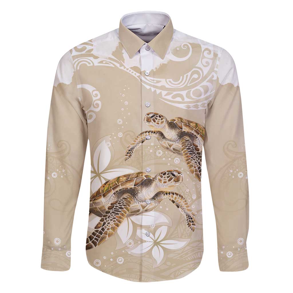 Happy Valentine's Day Polynesia Family Matching Off Shoulder Short Dress and Hawaiian Shirt SeaTurtle Couple Polynesian - Pollinate Color LT14 Dad's Shirt - Long Sleeve Beige - Polynesian Pride
