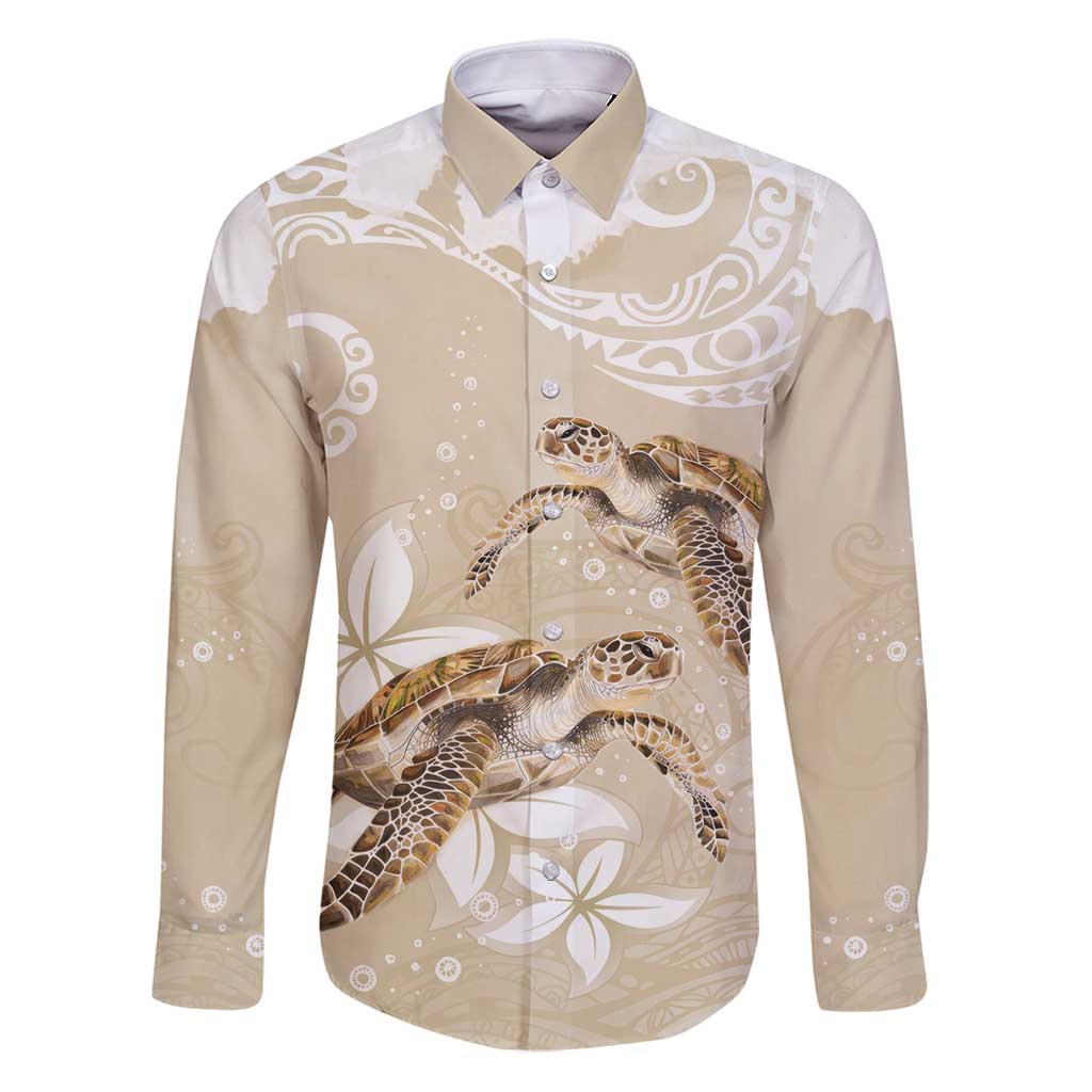 Happy Valentine's Day Polynesia Family Matching Puletasi and Hawaiian Shirt SeaTurtle Couple Polynesian - Pollinate Color LT14 Dad's Shirt - Long Sleeve Beige - Polynesian Pride