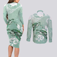 Happy Valentine's Day Polynesia Couples Matching Long Sleeve Bodycon Dress and Long Sleeve Button Shirt SeaTurtle Couple Polynesian - Green Lester Color LT14 - Polynesian Pride