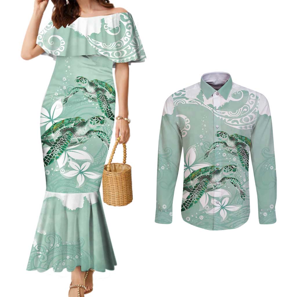 Happy Valentine's Day Polynesia Couples Matching Mermaid Dress and Long Sleeve Button Shirt SeaTurtle Couple Polynesian - Green Lester Color LT14 Green - Polynesian Pride