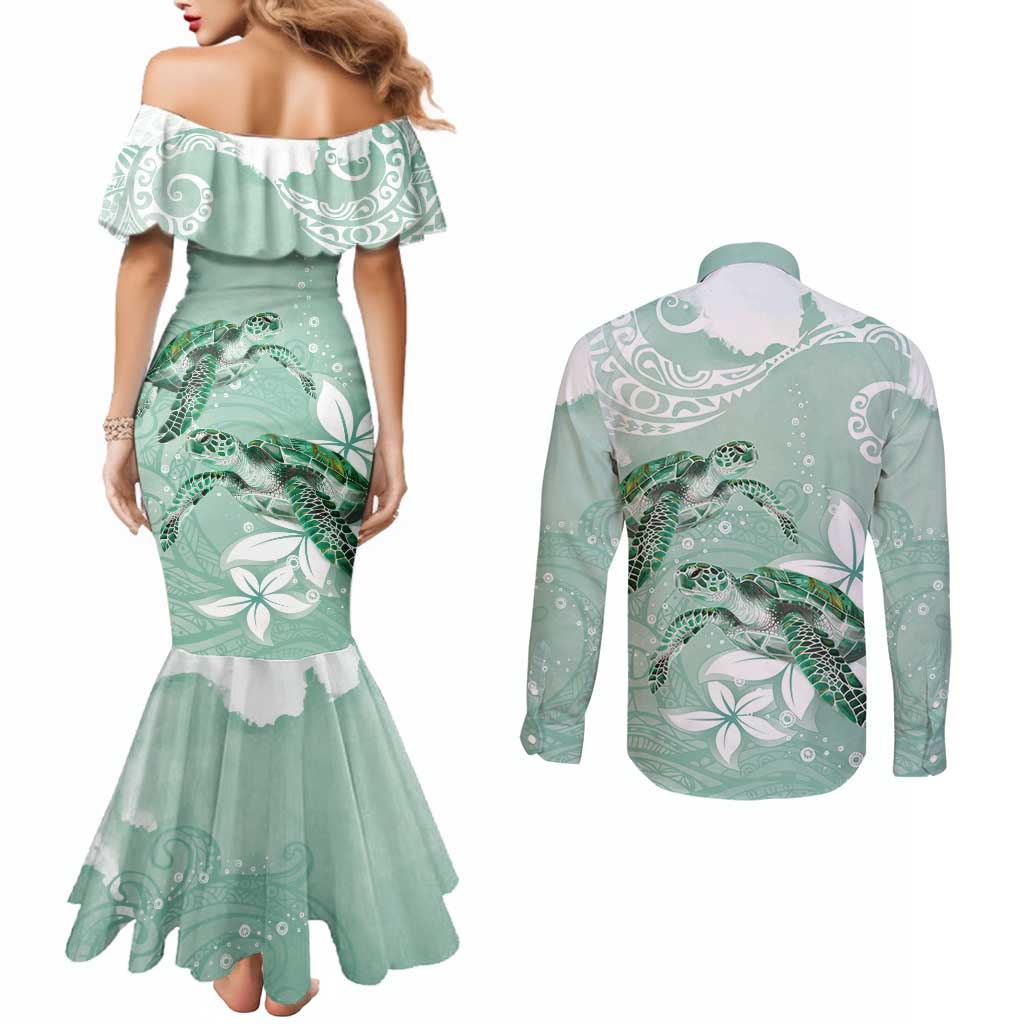 Happy Valentine's Day Polynesia Couples Matching Mermaid Dress and Long Sleeve Button Shirt SeaTurtle Couple Polynesian - Green Lester Color LT14 - Polynesian Pride