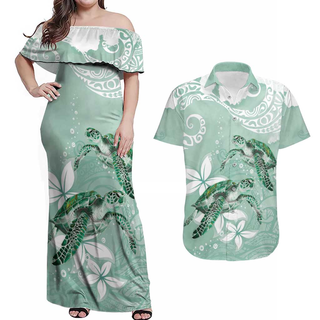 Happy Valentine's Day Polynesia Couples Matching Off Shoulder Maxi Dress and Hawaiian Shirt SeaTurtle Couple Polynesian - Green Lester Color LT14 Green - Polynesian Pride