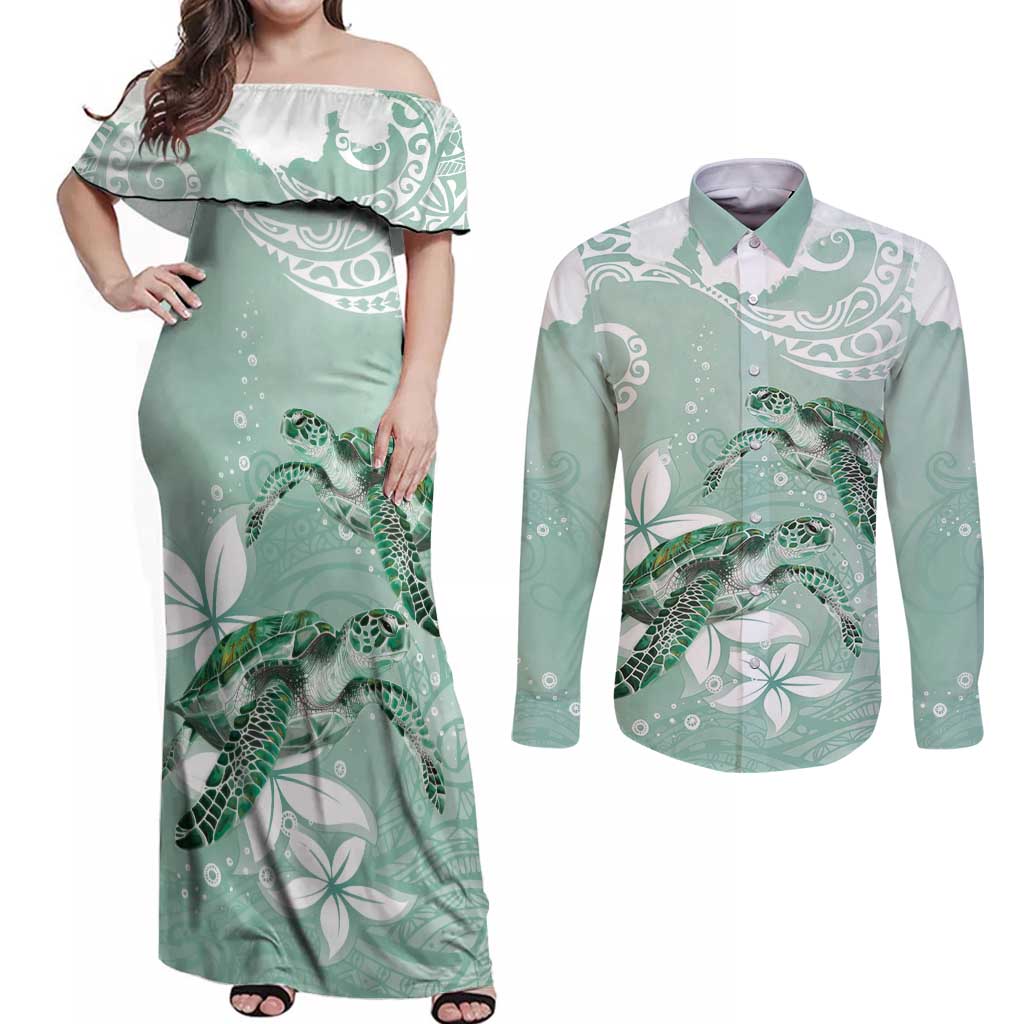 Happy Valentine's Day Polynesia Couples Matching Off Shoulder Maxi Dress and Long Sleeve Button Shirt SeaTurtle Couple Polynesian - Green Lester Color LT14 Green - Polynesian Pride