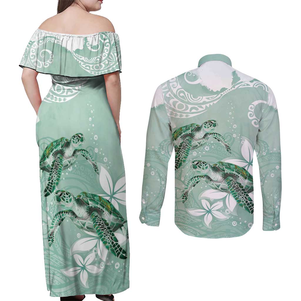 Happy Valentine's Day Polynesia Couples Matching Off Shoulder Maxi Dress and Long Sleeve Button Shirt SeaTurtle Couple Polynesian - Green Lester Color LT14 - Polynesian Pride